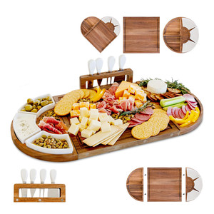 Custom 3-Piece Magnetic Long Cheese Serving Board Tray Acacia Wood Large Charcuterie Board with 4 Knives Holder Set