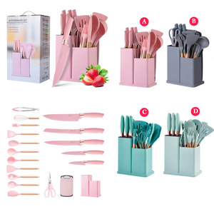 Custom 19-Piece Kitchenware Set Silicone Utensil Cuttings Board Storage Bucket Knife Dishwasher Safe Eco-Friendly Flatware Set