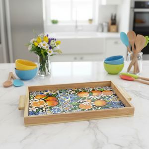 Bohemian Wood Ceramic Serving Tray with Handles-Multi-Functional Heat Resistant Platter for Parties & Dining