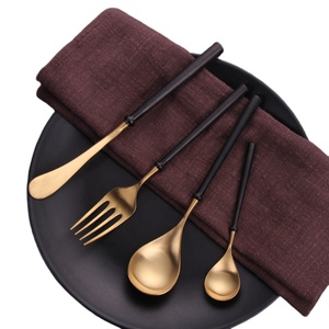 Hotel Tableware Kitchenware Knife Spoon Fork Matte Gold and Black Handle Cutlery 18-10 Steel Decorative Cutlery for Wedding